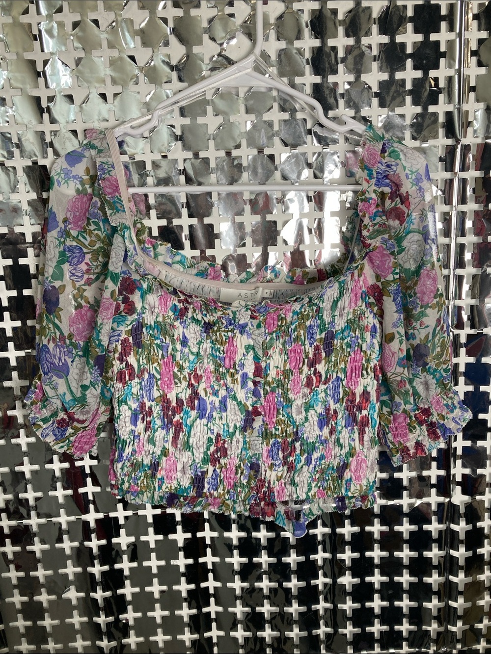 Astr Floral Smocked Crop Top - White with Pink, Purple, Blue, Green